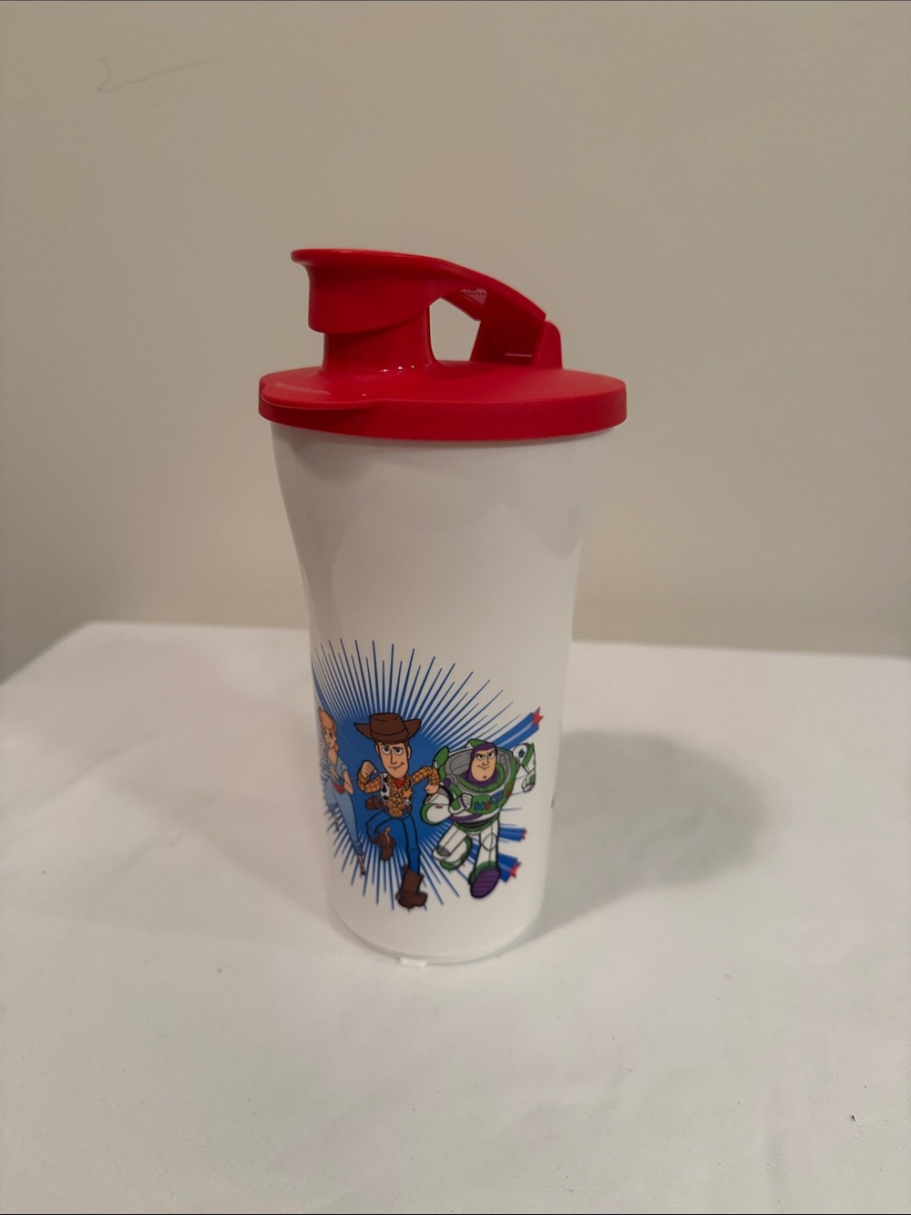 Tupperware Toy Story White Cup with Red Lid and Multicolor Cartoon Graphic